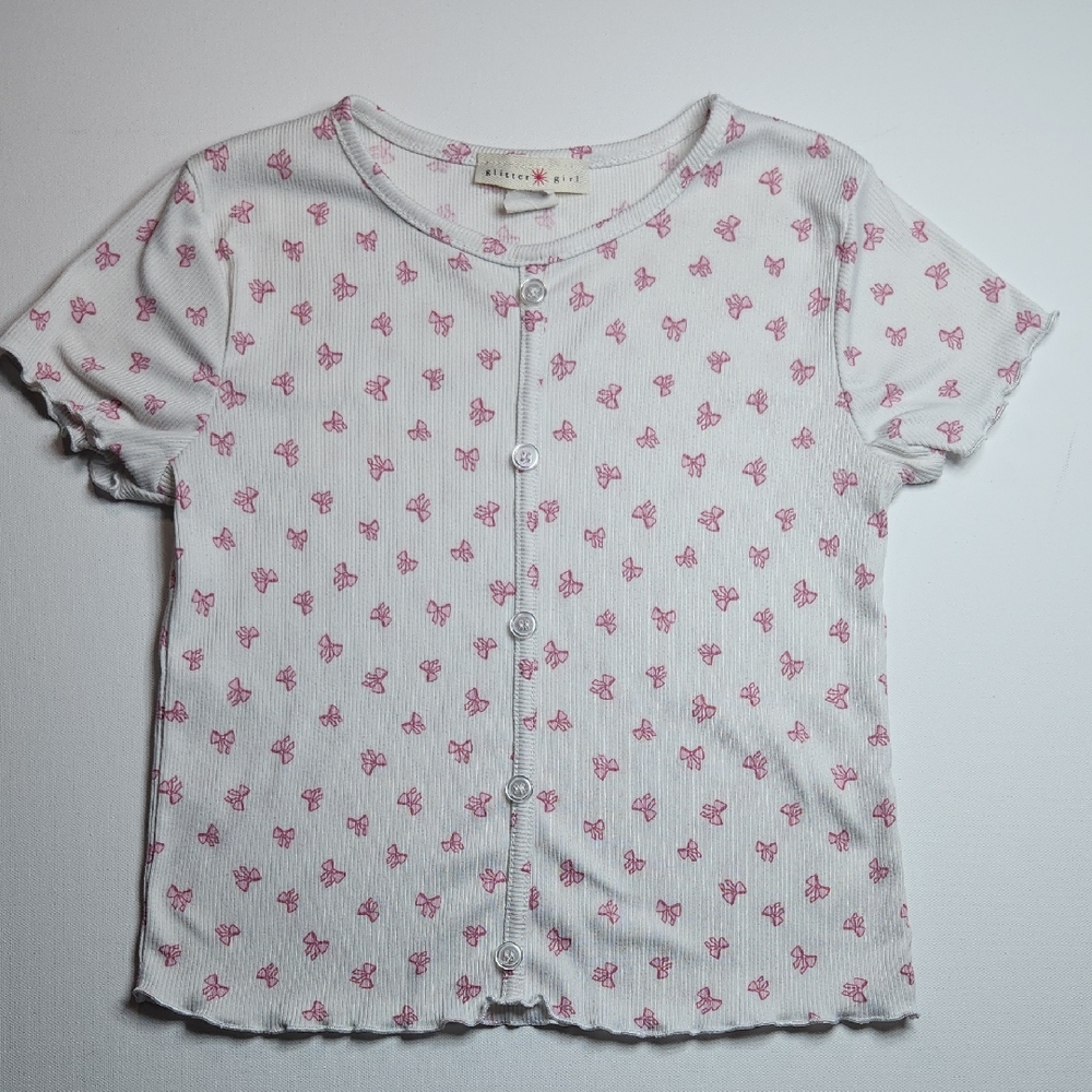 Glitter Girl Girls L 10/12 White Pink Bow Print Button Front Short Sleeve Top